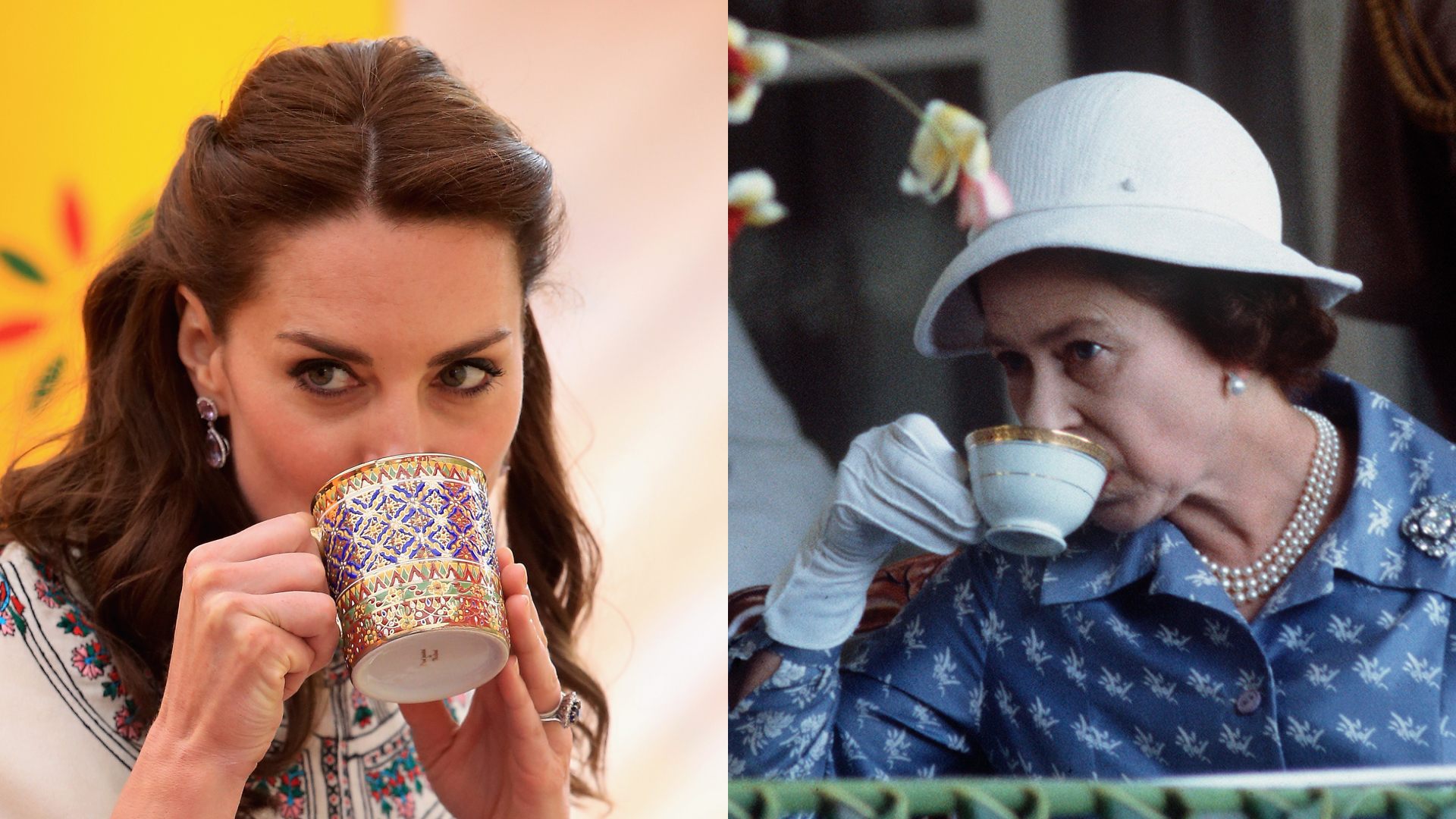 Kate Middleton drinking out of a coffee mug; Queen Elizabeth wearing a white hat and blue dress drinking from a tea cup