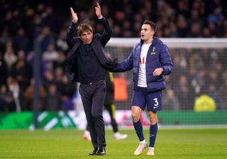 Tottenham Hotspur manager Antonio Conte (left) celebrates with Sergio Reguilon at the end of the Premier League match at the Tottenham Hotspur Stadium, London. Picture date: Sunday November 21, 2021