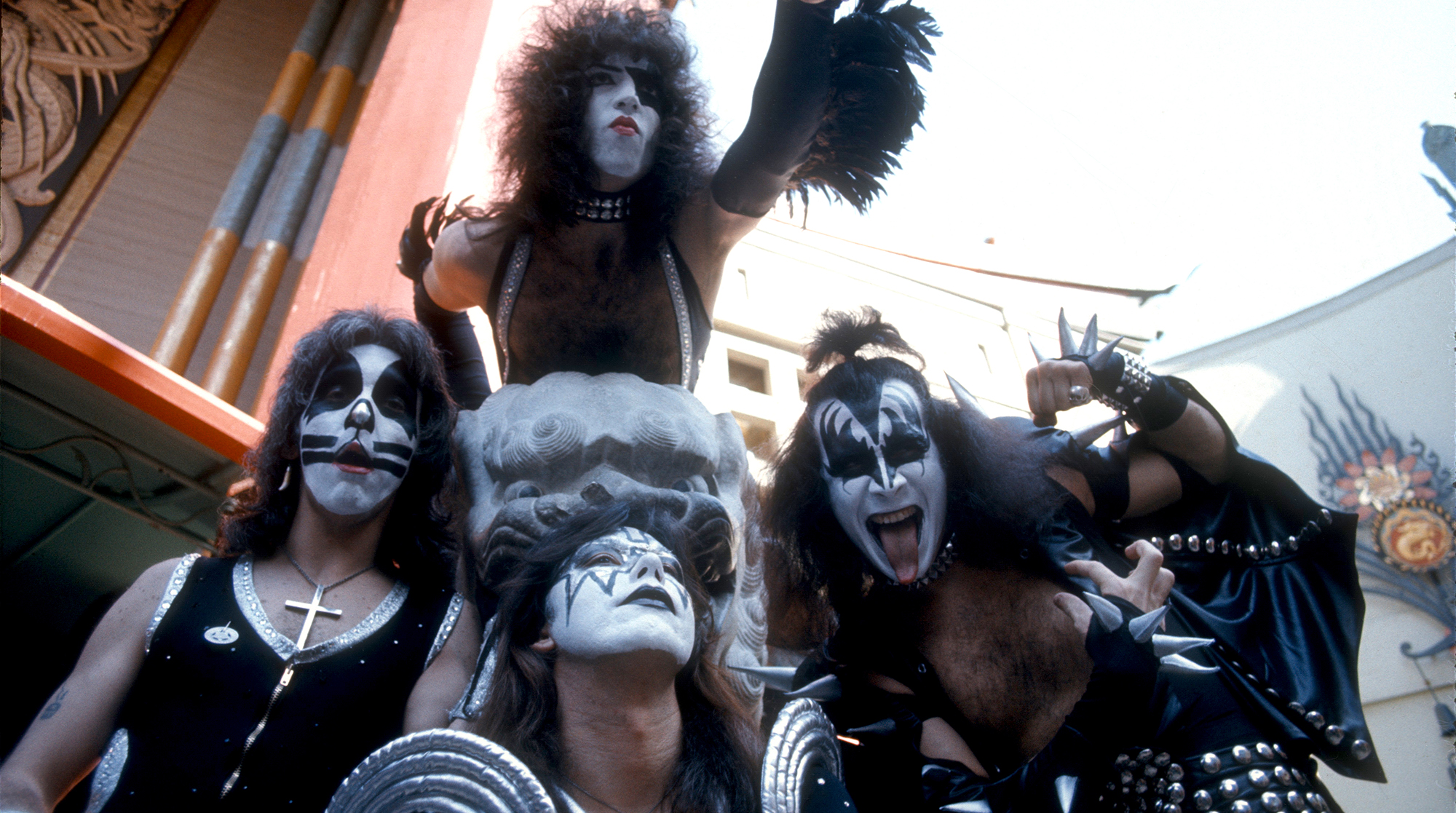 (clockwise from top) Kiss guitarist Paul Stanley, bassist Gene Simmons, guitarist Ace Frehley and drummer Peter Criss pose for portrait in Hollywood, California, at the Long Beach Arena, 1976