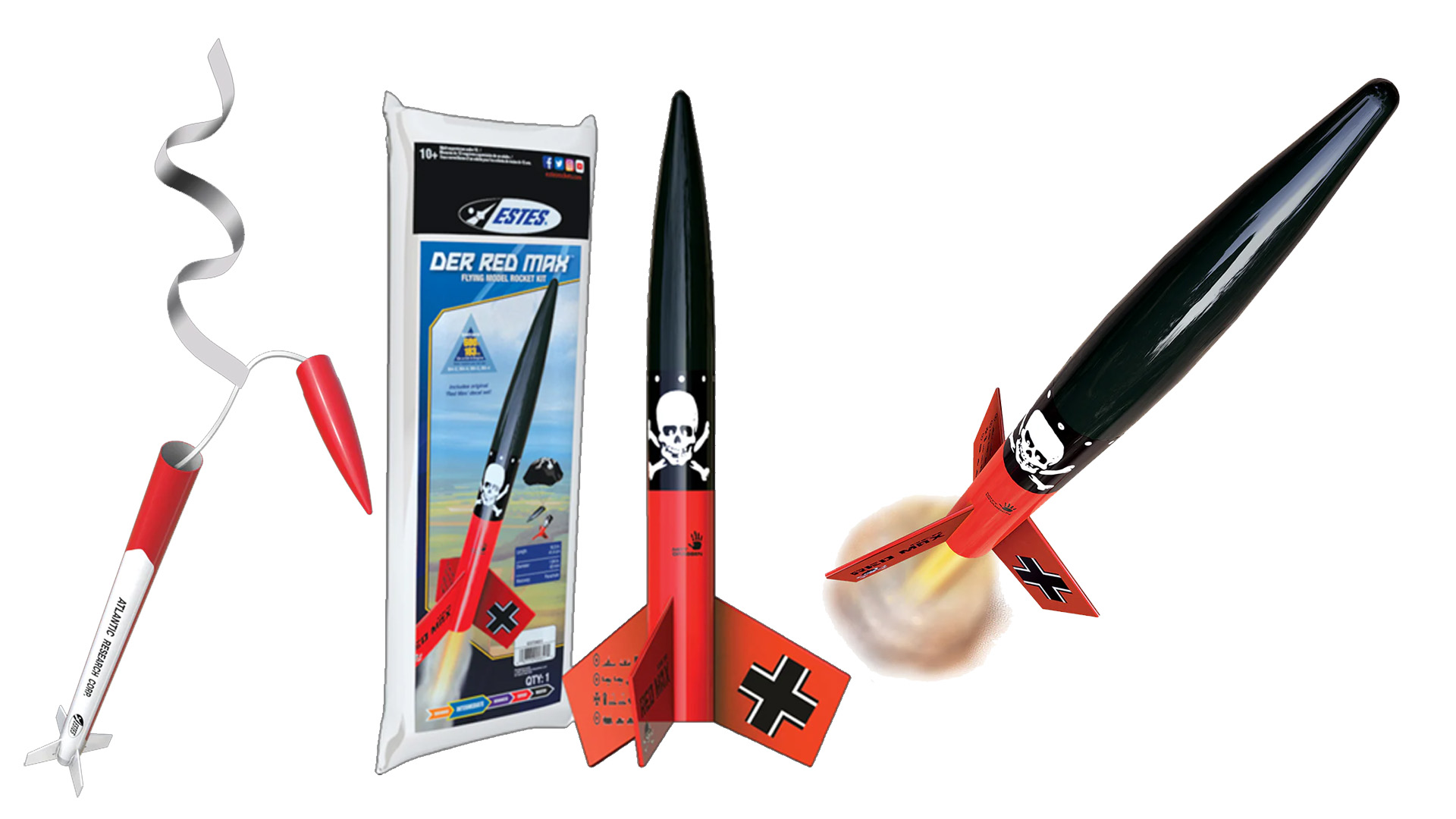 صاروخ Estes 2441 معروض في العبوة، وهو يقلع، ومرفق به سلك مايلر.