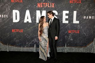 Millie Bobby Brown and Jake Bongiovi attend the Damsel World Premiere at The Plaza on March 01, 2024 in New York City.