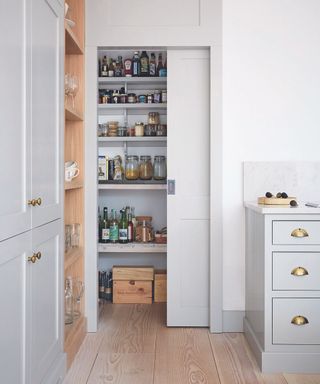 An example of small kitchen storage ideas showing a larder cupboard with a pocket door in duck egg blue