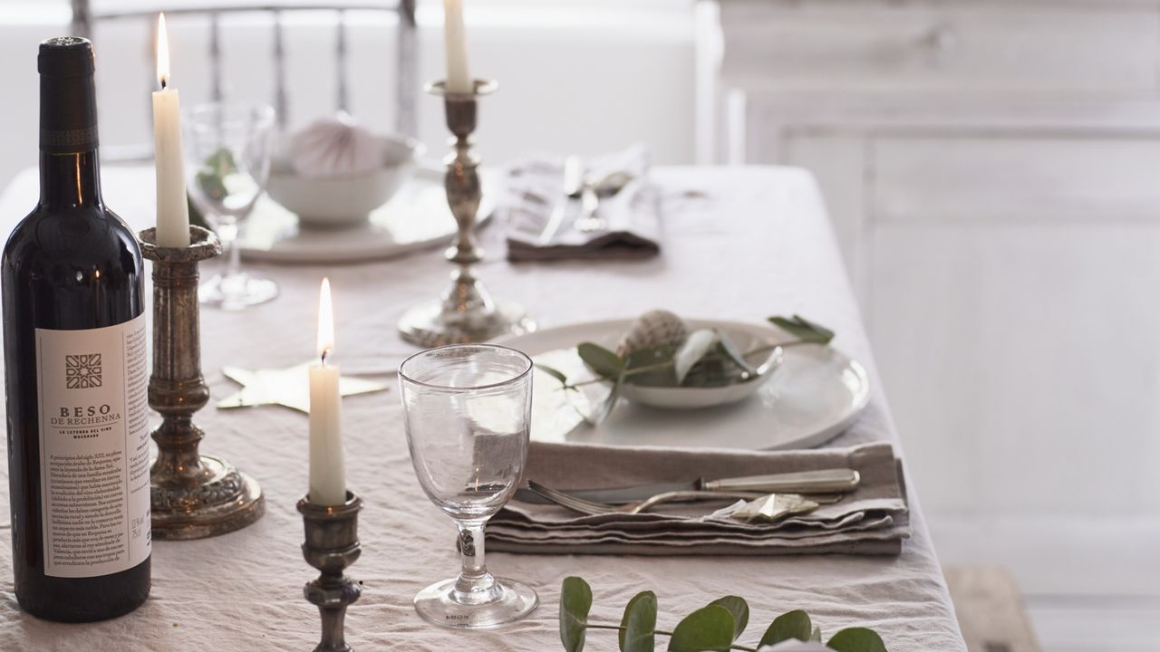 A Christmas-decorated dining table