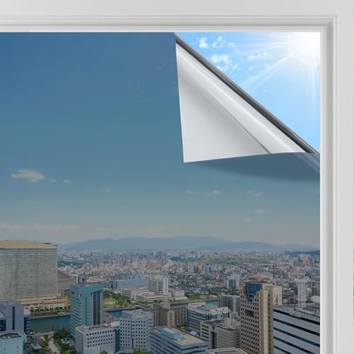 Rabbitgoo Heat Reflective Window Film Privacy Film for Glass Windows, One Way Mirror Tint Sticker Sun Blocker, Uv Glass Sticker Mirror Heat Reflector Thermal Solar Vinyl Silver 44.5x200cm