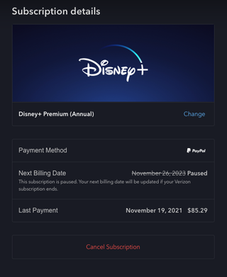 Disney Plus subscription management screen