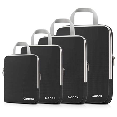 Gonex Compression Packing Cubes, 4pcs Expandable Storage Travel Luggage Bags Organizers(black)