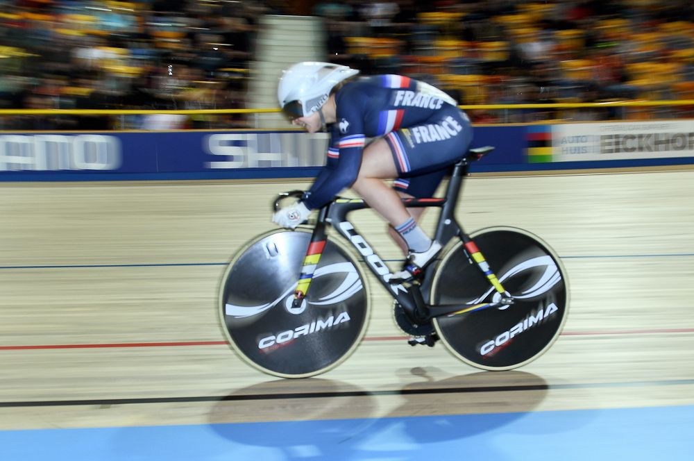 France's Mathilde Gros takes part in a qualifying round for the women's sprint during the UCI Track Cycling World Championships in Apeldoorn