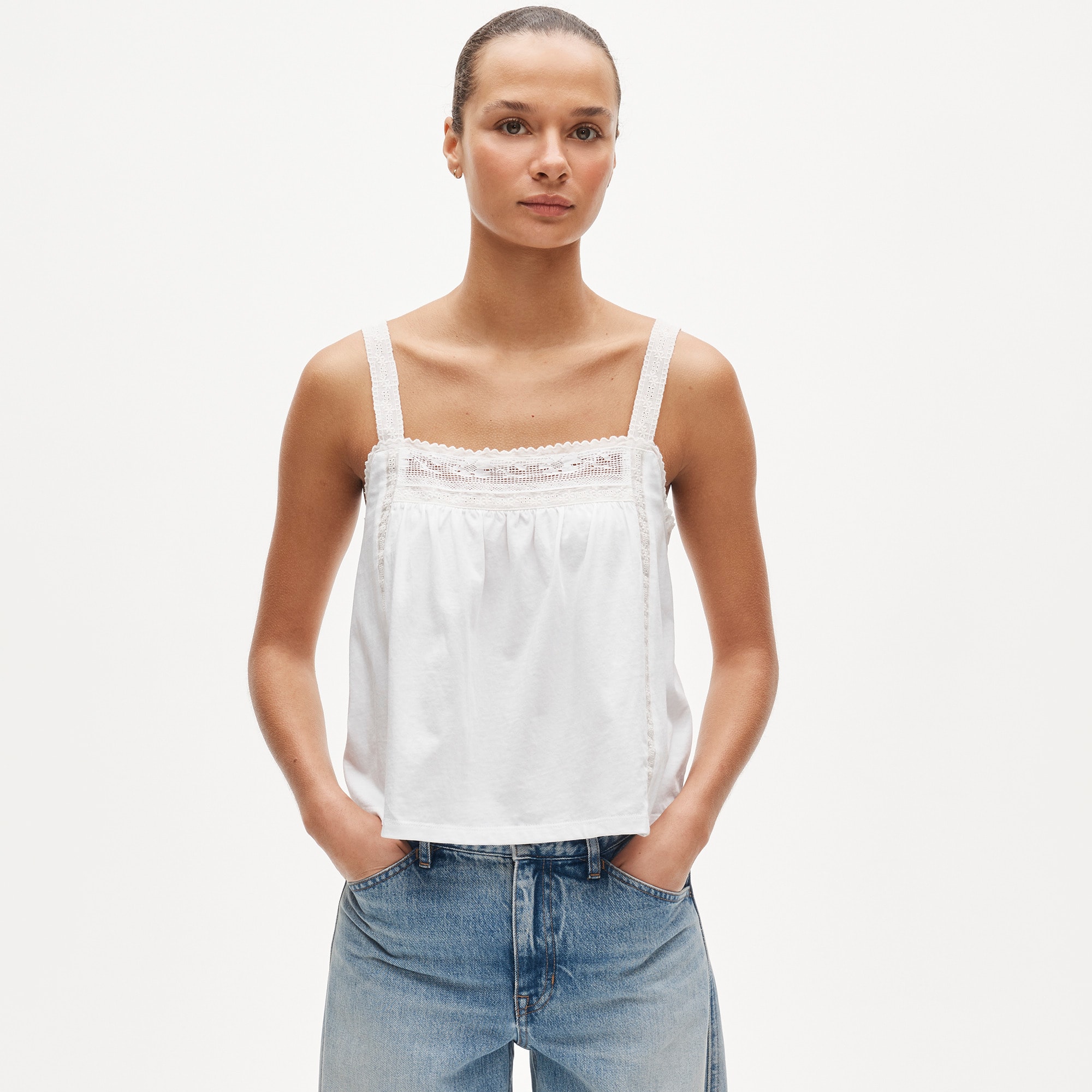 J.Crew, Lace-Trim Tank Top in Broken-In Jersey