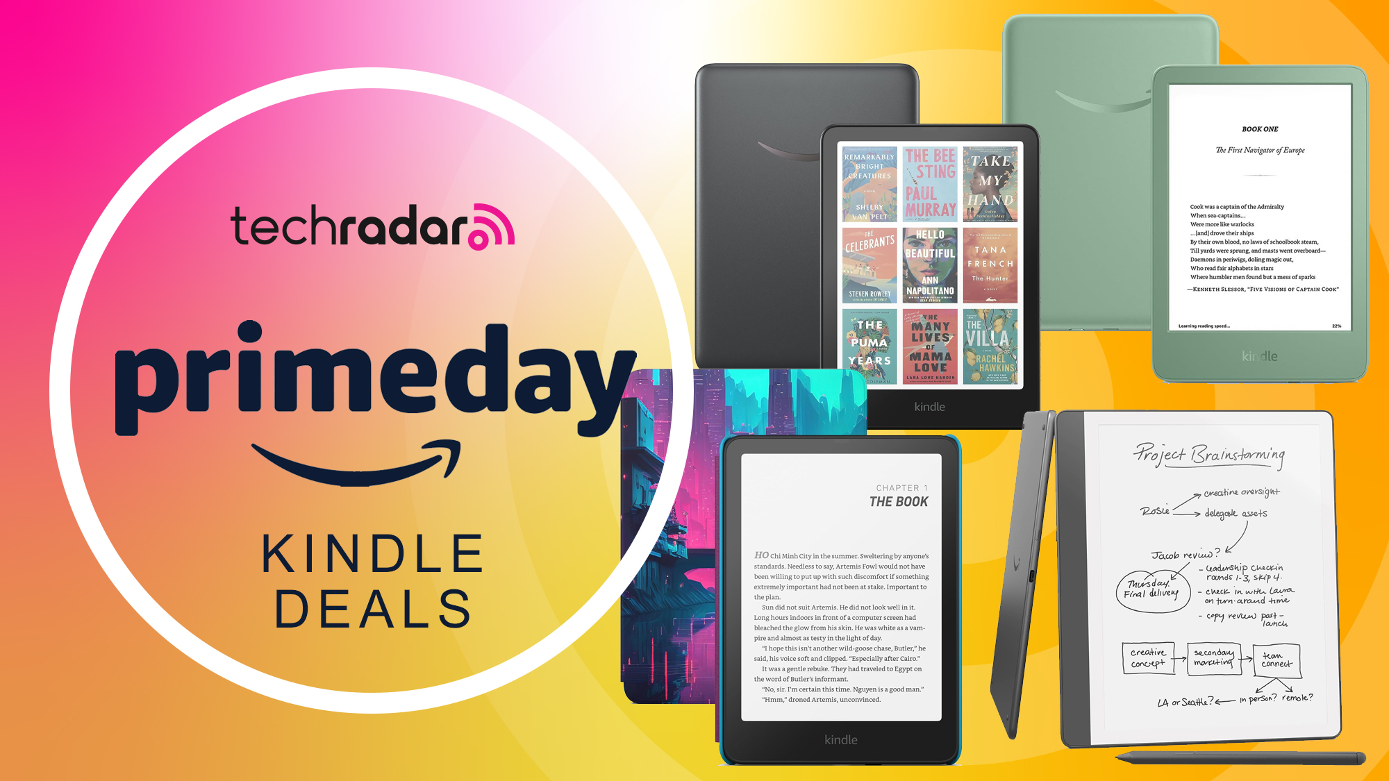 Amazon Prime Day Kindle Deals banner showing one of each Kindle model including Paperwhite, Kindle, Kindle Scribe, and Kindle Paperwhite Kids