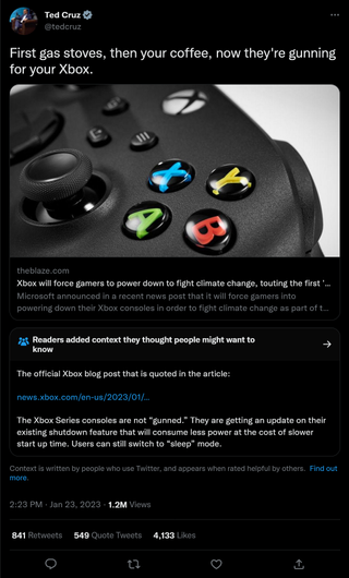 Ted Cruz tweets about Xbox power management