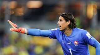 Manchester United-linked Switzerland goalkeeper Yann Sommer gestures during his country's match against Brazil at the FIFA World Cup 2022 in Qatar.