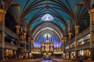 The dramatic inside of Notre-Dame Basilica in Montreal, Quebec