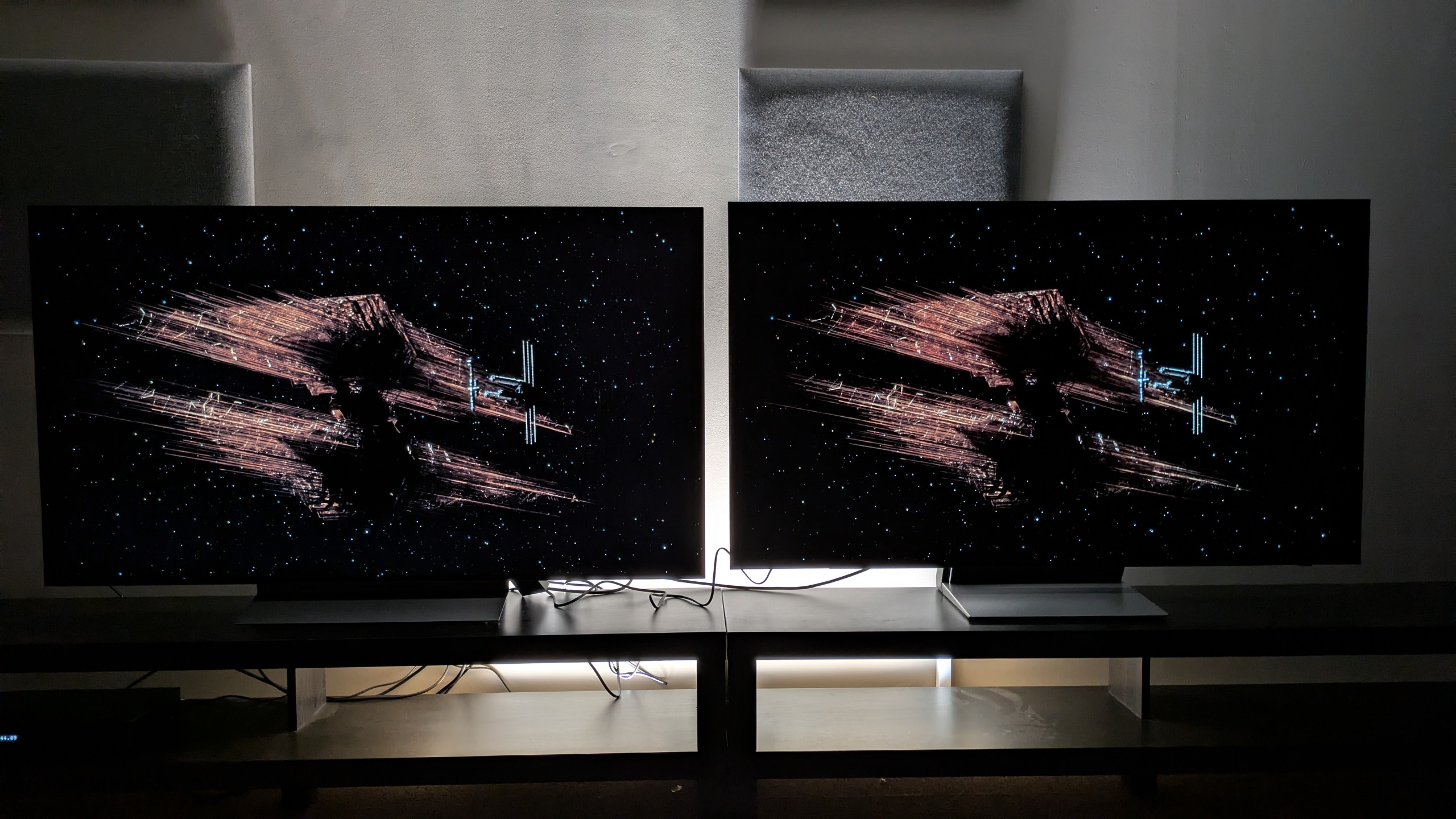 LG C6 (left) and Samsung S90H (right) showing shot of Project Hail Mary and other ship from Project Hail Mary. Both TVs show deep blacks, but the S90H's are deeper