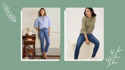 skinny vs straight jeans: composite image of two models wearing jeans, one in straight jeans, one in skinny jeans