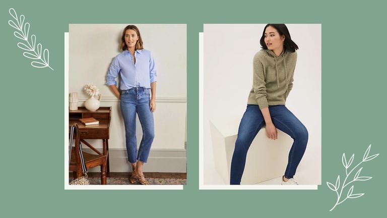 skinny vs straight jeans: composite image of two models wearing jeans, one in straight jeans, one in skinny jeans