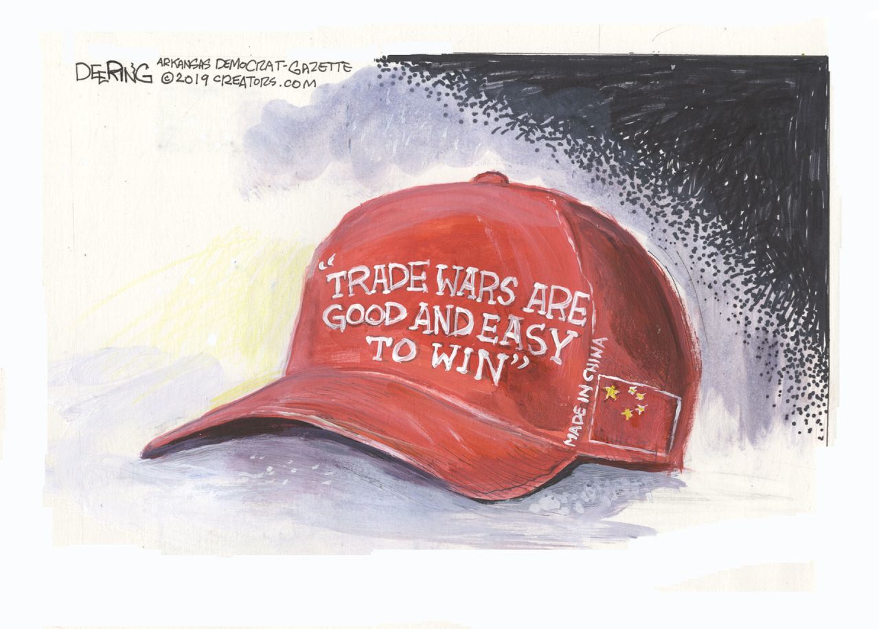 Political Cartoon U.S. MAGA hat trade wars