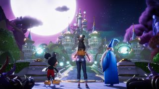 mickey mouse, a player, and a wizard with backs to the camera, facing a magic castle