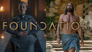 Split image showing a serious-looking woman in a grey uniform, and a shirtless man looking very relaxed