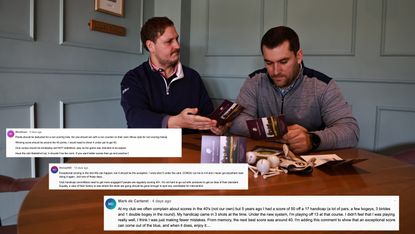Nick Bonfield questioning the integrity of a winning score on the scorecard with hand gestures and facial expression showing his displeasure, with three screenshots of reader comments who are giving their view on the issue