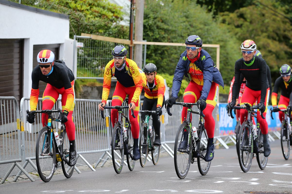 The Spanish team is hard to miss in its bright kit