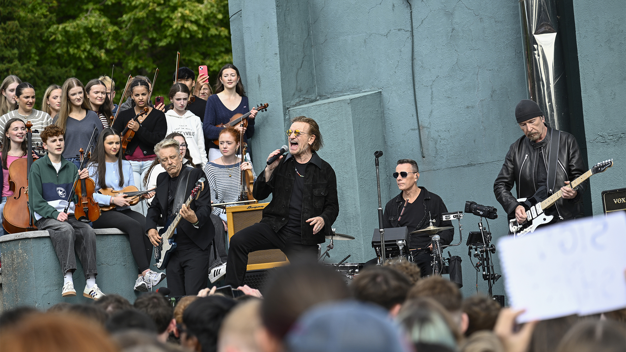 (L-R) Adam Clayton, Bono, Larry Mullen Jr. and The Edge perform on stage as U2 celebrate their 50th Anniversary by returning to Mount Temple Comprehensive School on September 25, 2026 in Dublin, Ireland.
