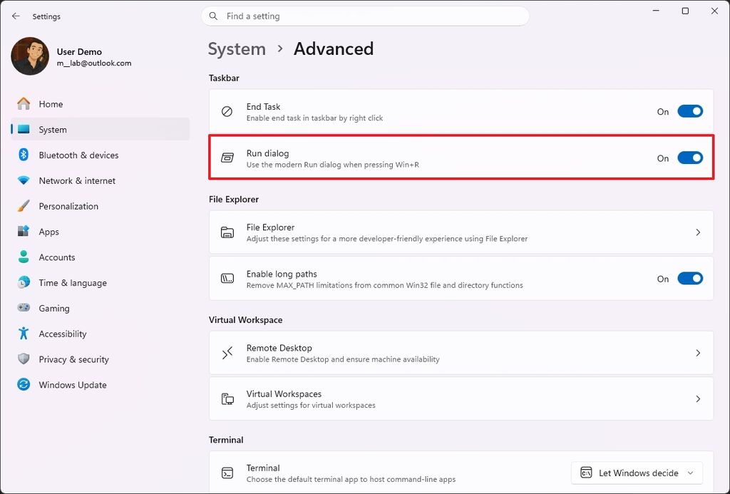 Run dialog setting on Windows 11