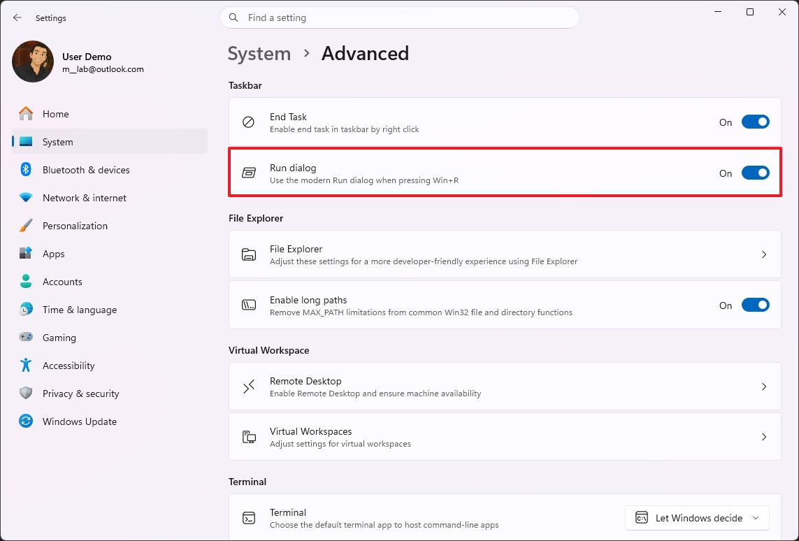 Run dialog setting on Windows 11