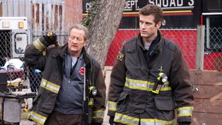 Christian Stolte as Randy “Mouch” McHolland, Jake Lockett as Carver in Chicago Fire