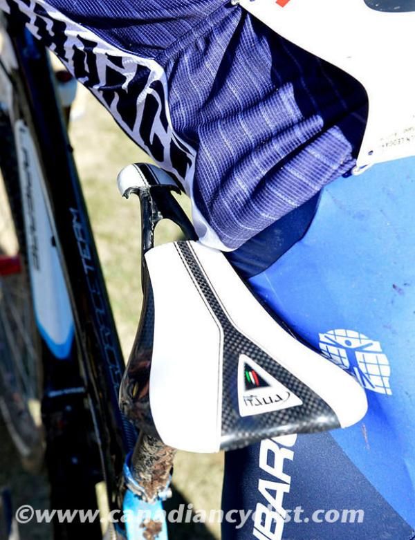 Jordan Sarrou (France) finished with his saddle looking like this after a piece broke off. Wearing number 13, he looked to be in pain after riding with this saddle.