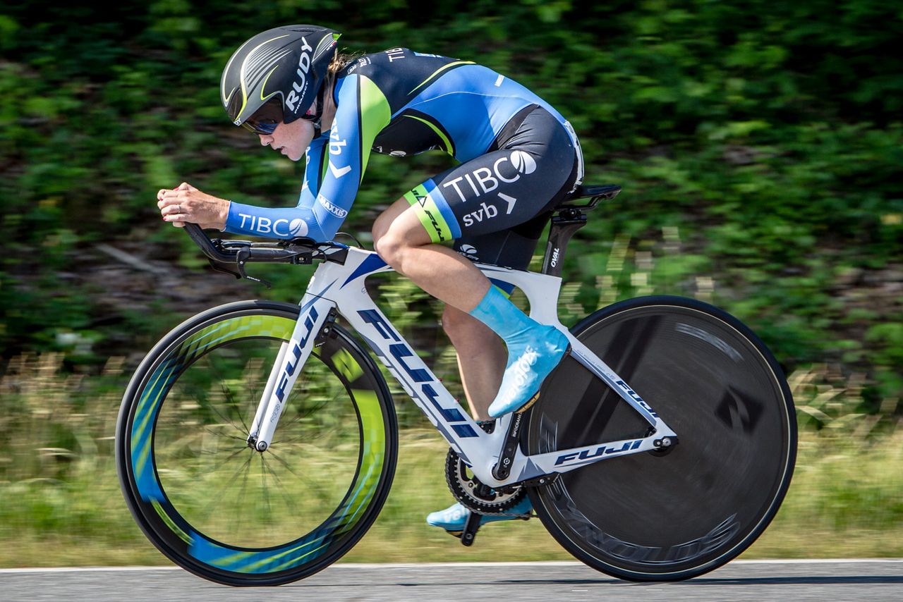 Lauren Stephens (Tibco-SVB) heading out during the US time trial championship.