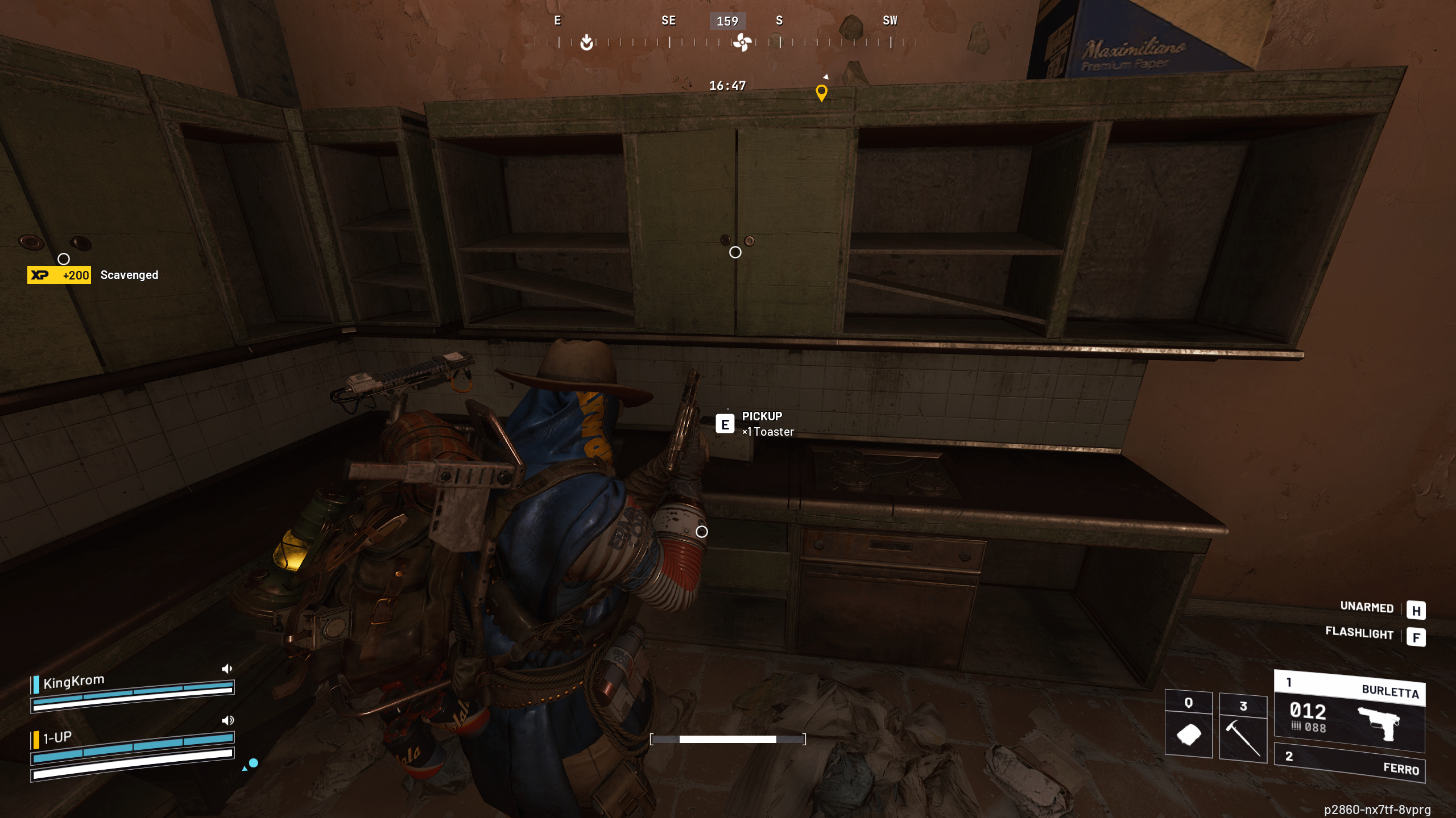 Arc Raiders toaster locations: A player looking at a toaster on a kitchen counter inside a dark house.