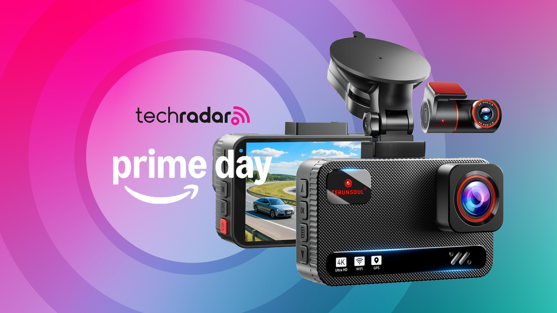 Terensoui dash cam on a magenta and green background with TechRadar Prime Day text overlay