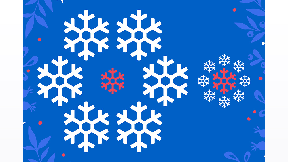 Christmas optical illusion showing two red snowflakes and several white snowflakes
