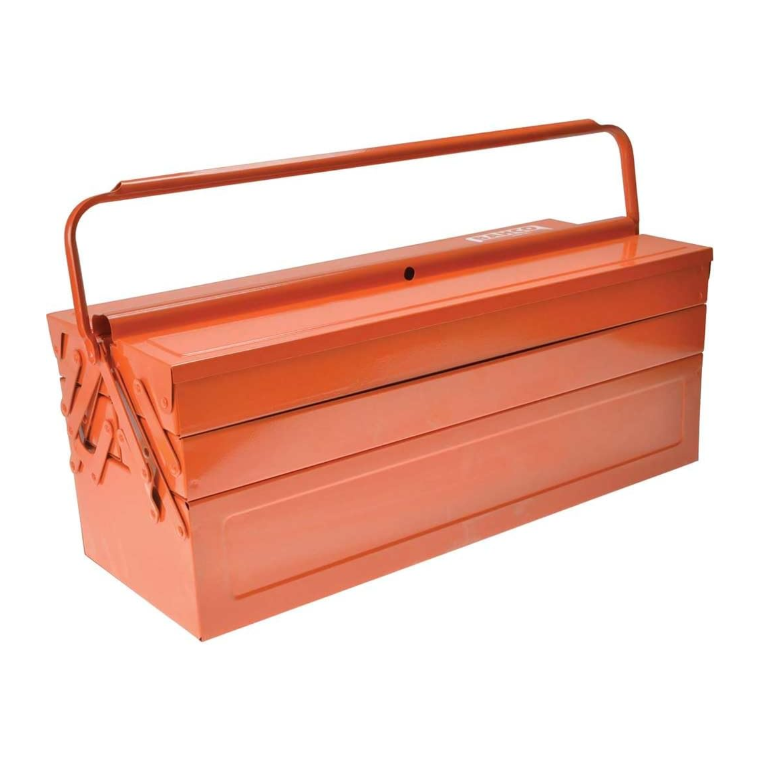 An orange cantilever tool box