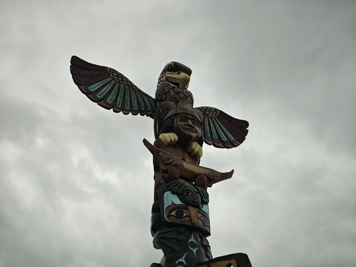 A wooden totem pole