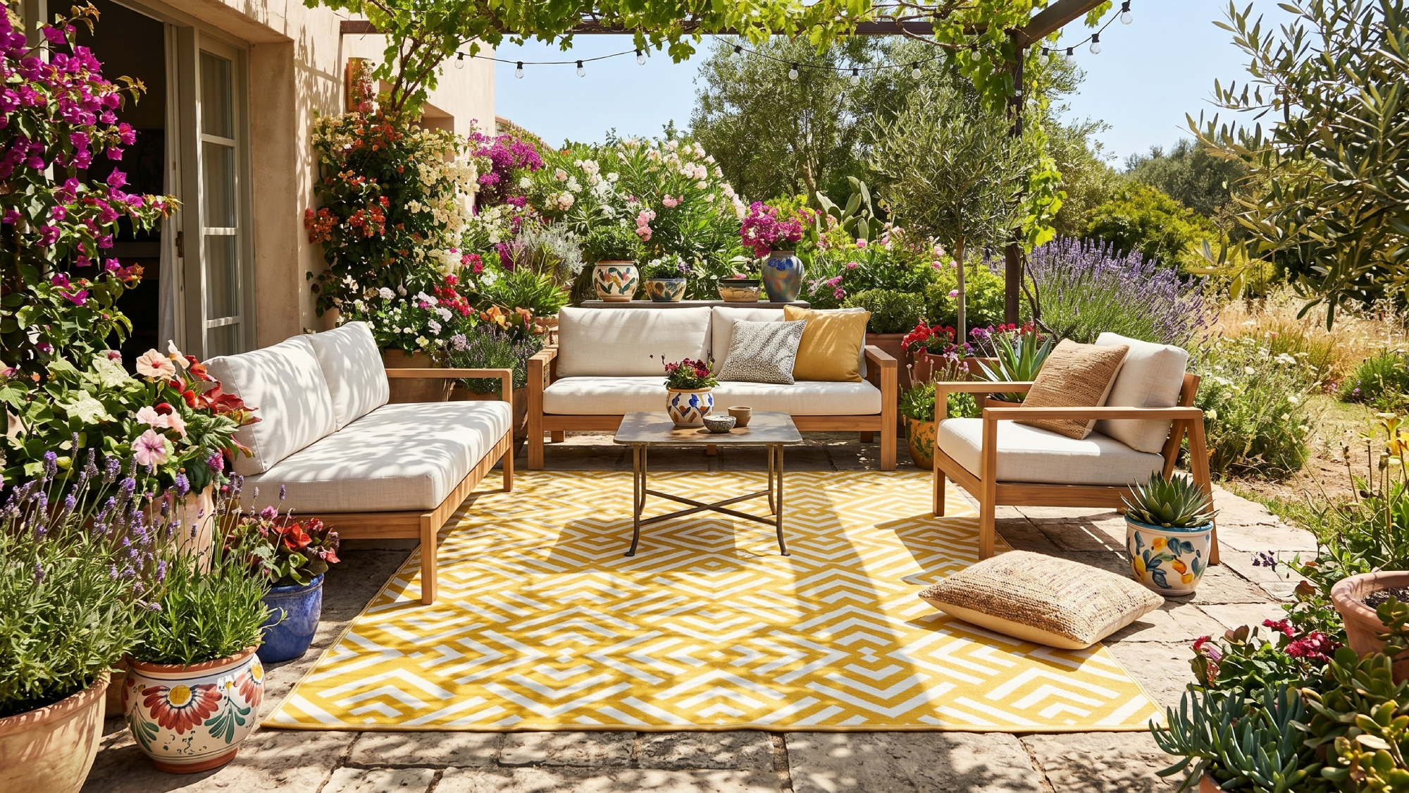 Yellow outdoor rug from ALDI on patio in a garden on a sunny summer day
