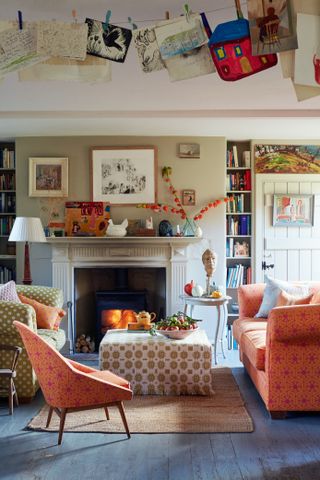 seating area with lit stove in a country home