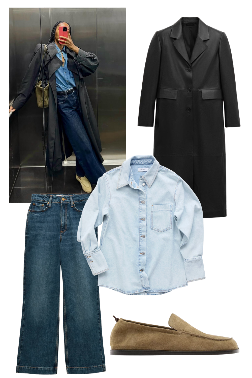 @louisahatt wears jeans and leather trench coat