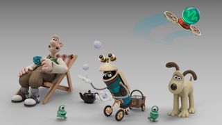 Wallace sits with a cuppa in his deck chair, Beryl flies overhead, Gromit stands their looking quizical, and Auto-Caddy juggles golf balls while little one eyed aliens run around