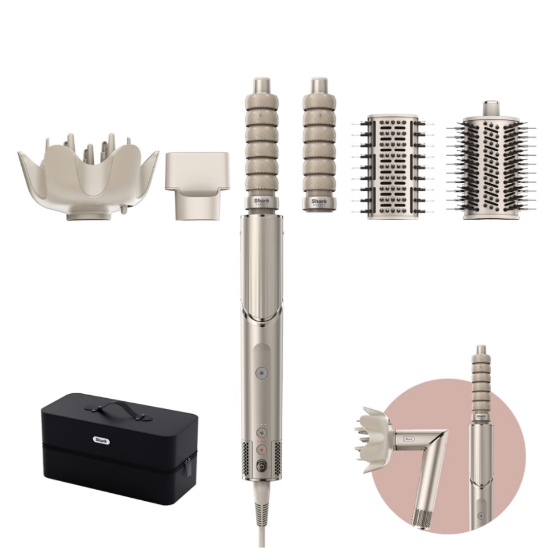 A product shot of the Shark Beauty FlexStyle 5-in-1 Air Styler, alongside all its attachments and travel case, on a white background