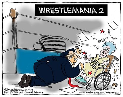 Political cartoon U.S. Trump tweets CNN body slam media Medicaid health care