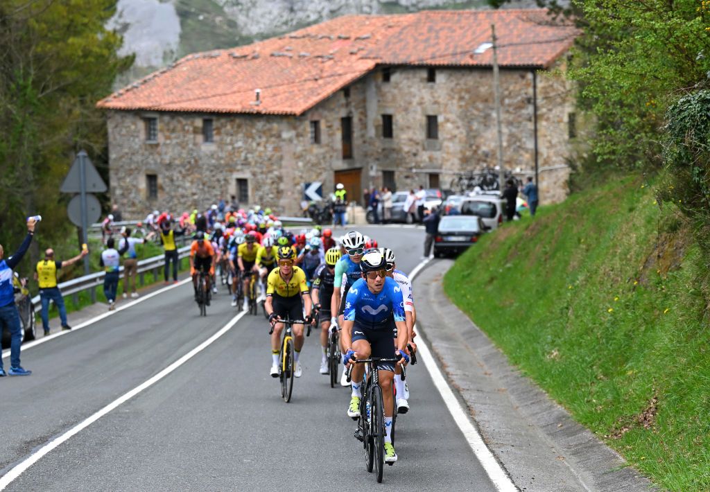 AMOREBIETA ETXANO SPAIN APRIL 05 Davide Formolo of Italy and Movistar Team leads the peloton during the 63rd Itzulia Basque Country 2024 Stage 5 a 1759km stage from VitoriaGasteiz to AmorebietaEtxano UCIWT on April 05 2024 in AmorebietaEtxano Spain Photo by Tim de WaeleGetty Images