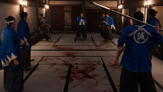 A room covered in blood, with samurai all around.