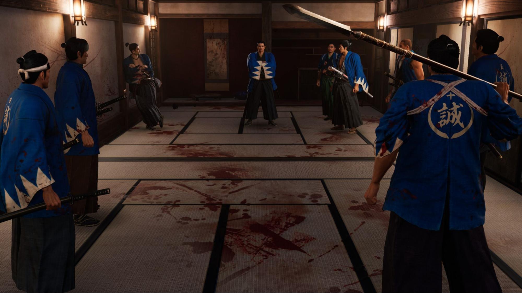 A room covered in blood, with samurai all around.