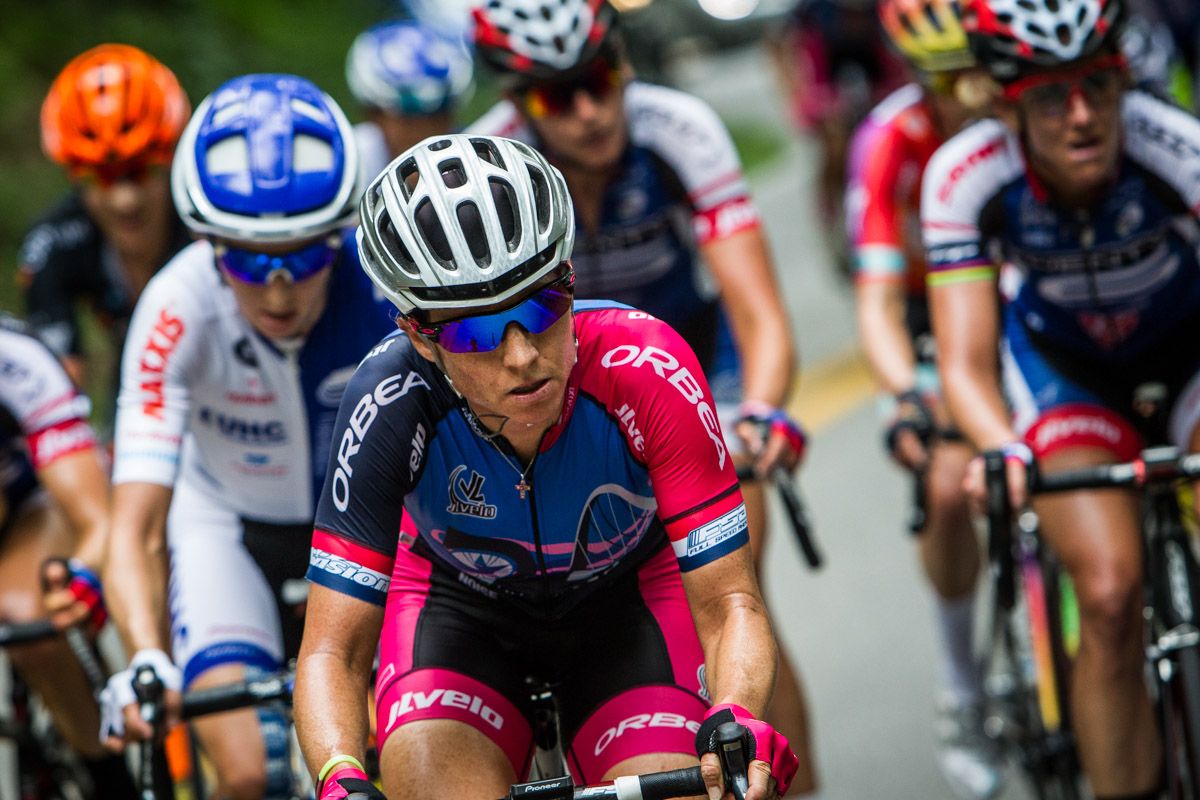 Amber Neben (Visit Dallas) led most of the way up the long Lookout Mountain climb.