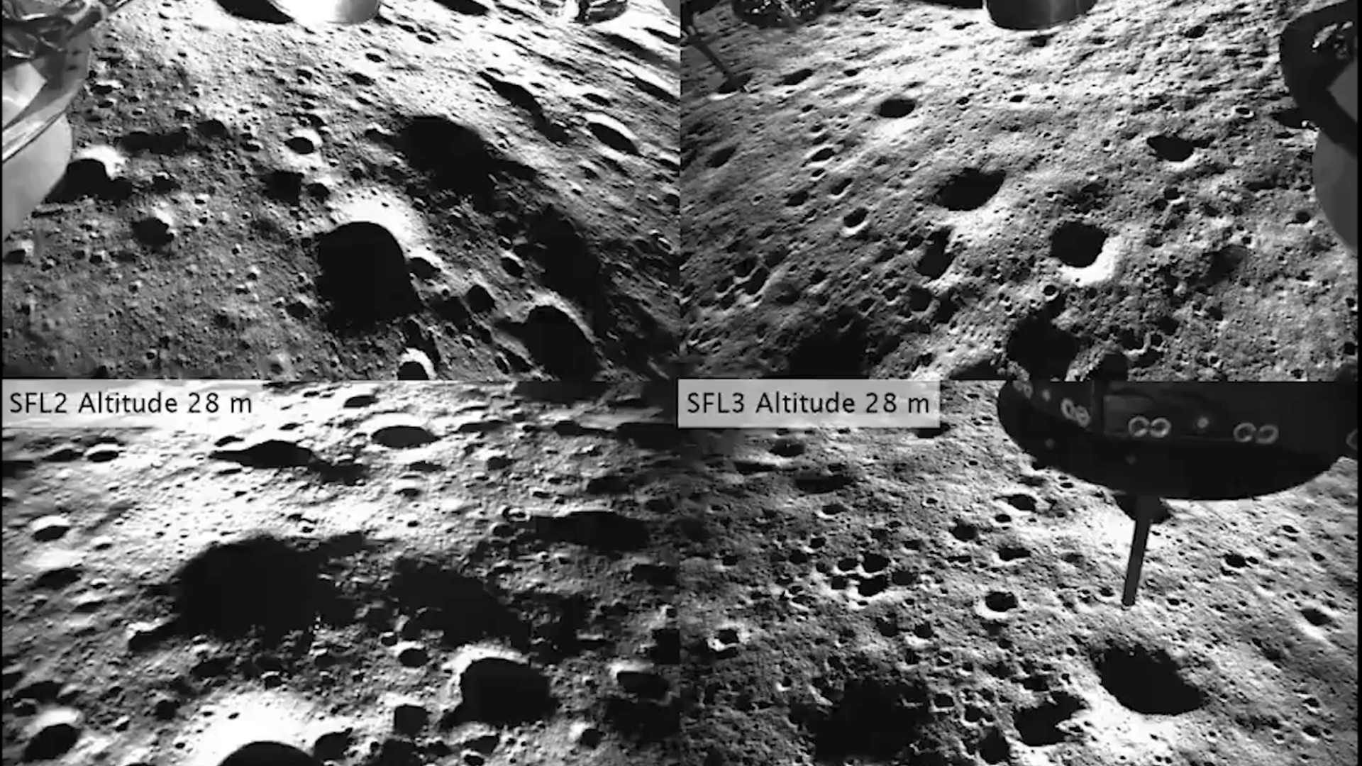 composite image consisting of four up-close views of the cratered lunar surface, capture by cameras during a moon landing