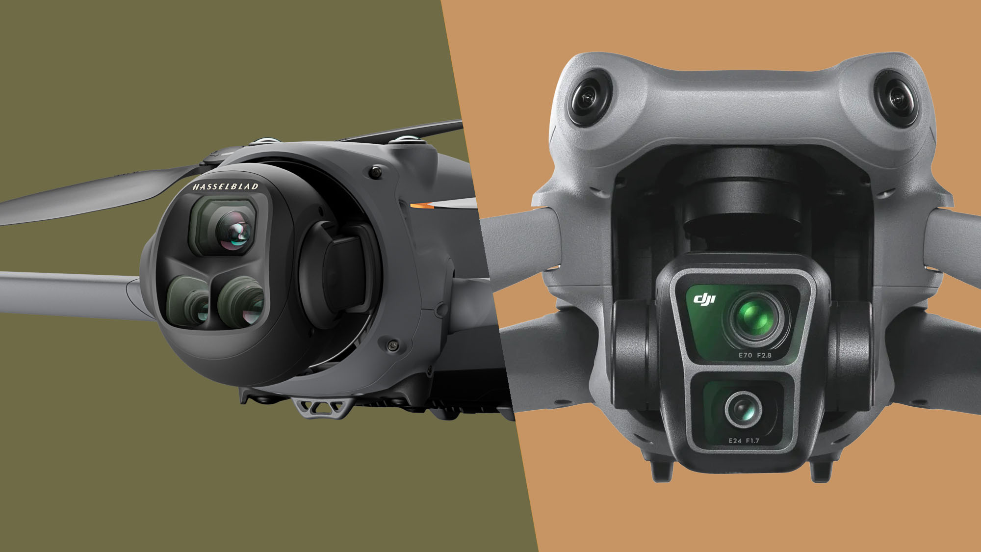 DJI Mavic 4 Pro cameras alongside DJI Air 3S on split color backdrop