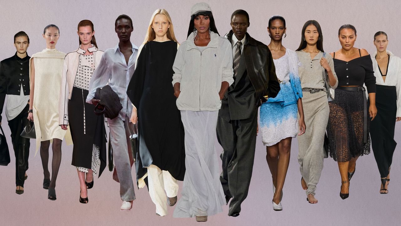 A collage featuring a variety of models from the S/S 25 runways wearing looks with interesting styling.