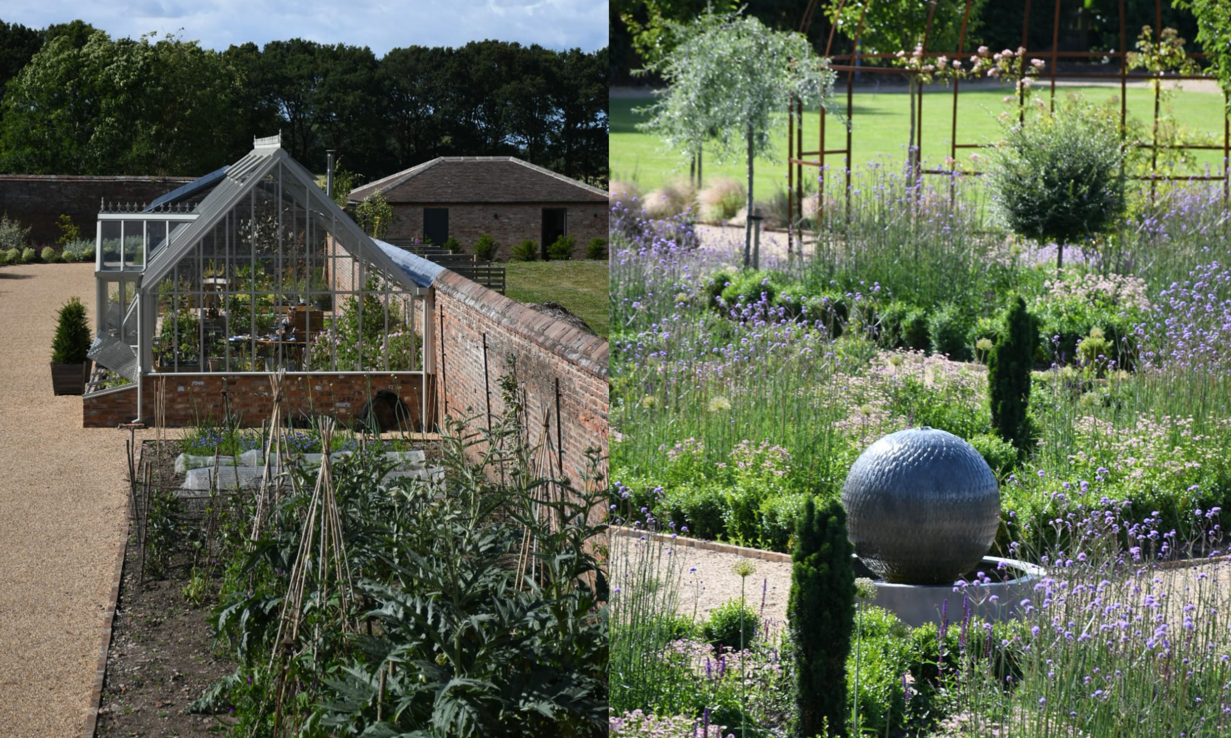 Greenhouse and long border in a walled garden
