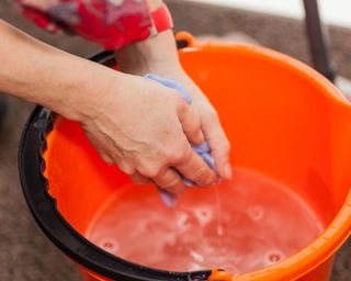person squeezing water out of a cloth over a bucket